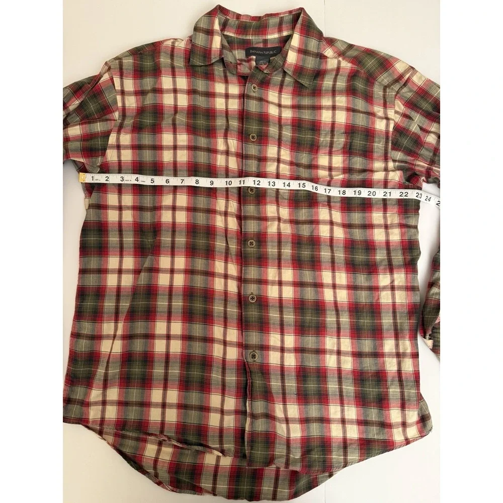 Banana Republic Men Large Shirt Plaid Button Down Cotton Red Green Beige Country